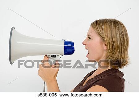 Stock Photography - Woman using loudspeaker. Fotosearch