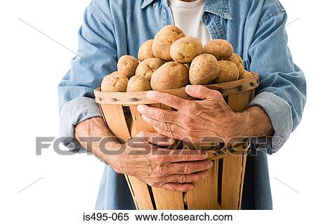 Stock Photography - Man holding basket of potatoes. Fotosearch
