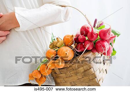 Stock Photo - Woman holding basket of beetroot and radishes. Fotosearch