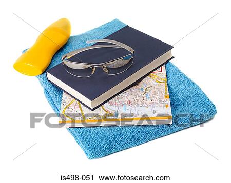 Book map and beach towel View Large Photo Image Stock Image - Book map and beach towel. Fotosearch
