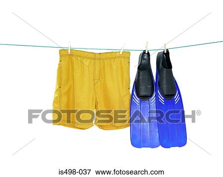 Swimming flipper and trunks on a washing line View Large Photo Image Stock Photo - Swimming flipper and trunks on a washing line. Fotosearch