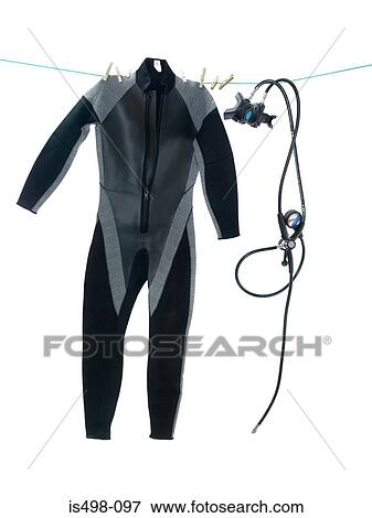 Wet suit and diving equipment on washing line View Large Photo Image Stock Photo - Wet suit and diving equipment on washing line. Fotosearch