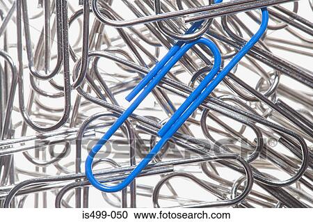 Stock Image - Blue paperclip amongst silver paperclips. Fotosearch