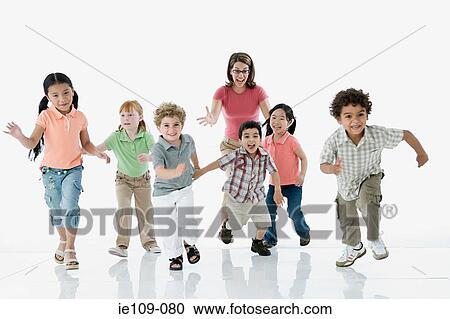 Stock Image - A teacher chasing children. Fotosearch