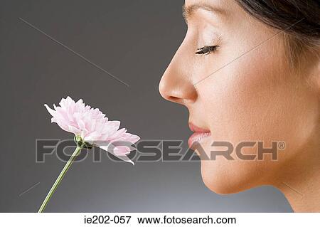 Stock Photo - A woman smelling a flower. Fotosearch