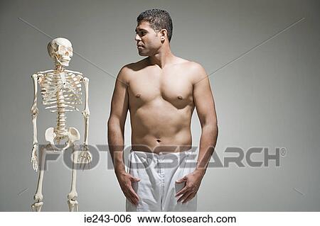Man standing by a skeleton View Large Photo Image Stock Photograph - Man standing by a skeleton. Fotosearch