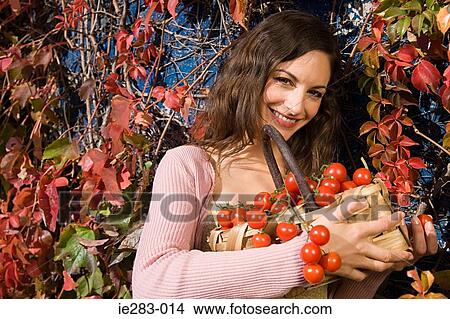 Woman holding a basket of tomatoes View Large Photo Image Picture - Woman holding a basket of tomatoes. Fotosearch