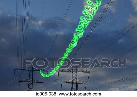 Stock Photo - Green energy written on power lines. Fotosearch