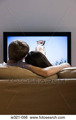 Rear view of a couple watching tv View Large Photo Image Stock Photograph - Rear view of a couple watching tv. Fotosearch