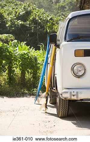 Stock Image - A camper van and surfboards. Fotosearch
