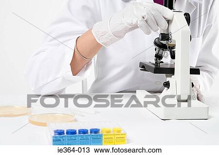 Stock Image - Scientist with microscope. Fotosearch
