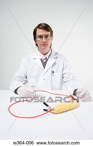 Stock Photograph - Scientist with sweetcorn and lightbulb. Fotosearch