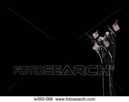 Stock Photograph - Microphones and american flags. Fotosearch