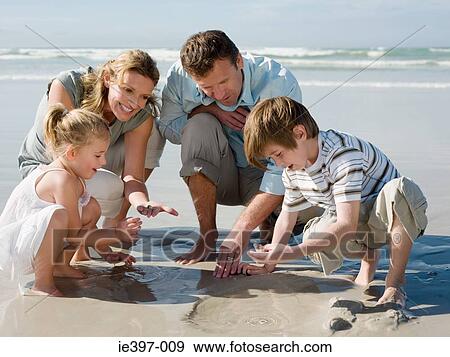 Family looking in sand View Large Photo Image Stock Photo - Family looking in sand. Fotosearch