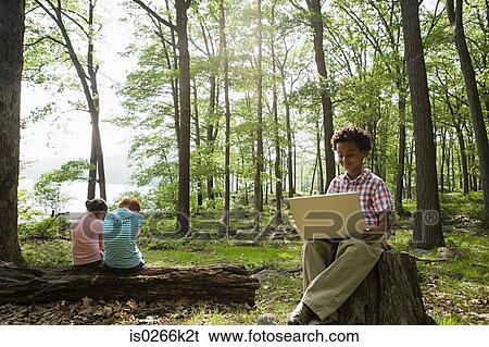 Boy using a laptop in a forest View Large Photo Image Stock Photograph - Boy using a laptop in a forest. Fotosearch