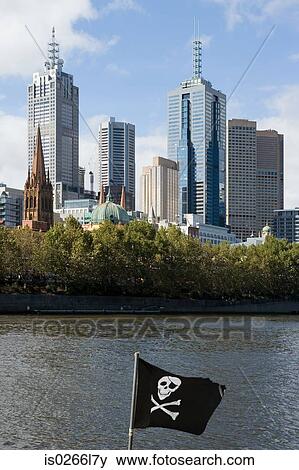 Stock Photo - A pirate flag and yarra river. Fotosearch