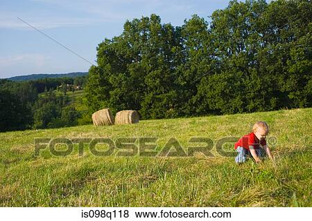A baby boy crouching in a field View Large Photo Image Stock Photo - A baby boy crouching in a field. Fotosearch