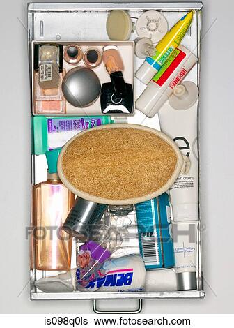 Elevated view of cosmetics in a drawer View Large Photo Image Stock Photograph - Elevated view of cosmetics in a drawer. Fotosearch