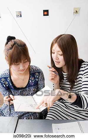 Young women looking at note book View Large Photo Image Stock Image - Young women looking at note book. Fotosearch