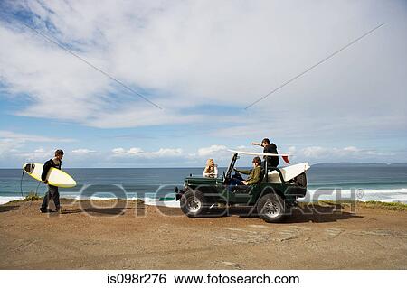 Stock Photograph - Surfers with off road vehicle. Fotosearch