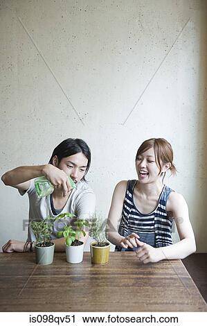 Young couple with plant View Large Photo Image Stock Image - Young couple with plant. Fotosearch