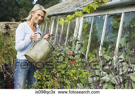 Woman watering plants View Large Photo Image Stock Photo - Woman watering plants. Fotosearch
