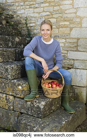 Woman with basket of apples View Large Photo Image Stock Image - Woman with basket of apples. Fotosearch
