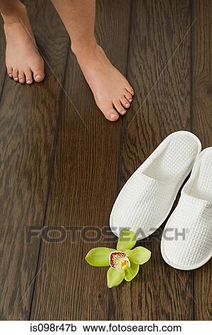 Stock Image - Person with slippers and orchid. Fotosearch