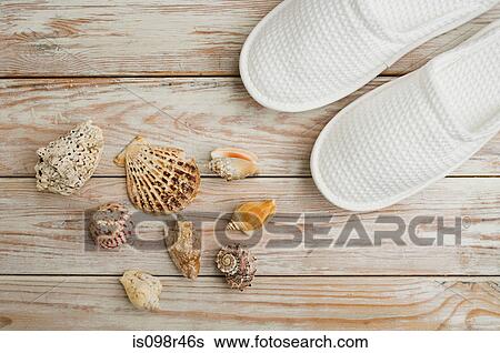 Seashells and slippers View Large Photo Image Stock Photograph - Seashells and slippers. Fotosearch