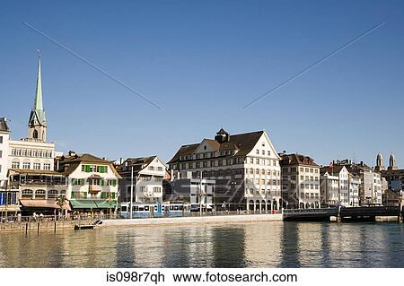 Stock Image - Architecture and the river limmat in zurich. Fotosearch