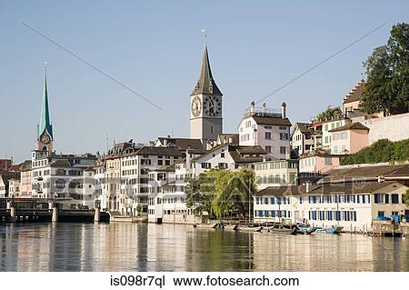 Stock Image - Architecture and the river limmat in zurich. Fotosearch