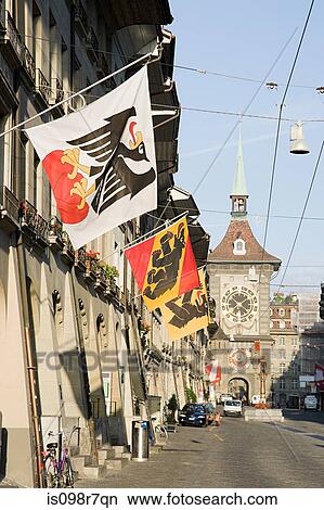 Flags hanging on a swiss street View Large Photo Image Picture - Flags hanging on a swiss street. Fotosearch