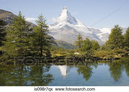 Stock Photo - Matterhorn and trees reflected in a lake. Fotosearch
