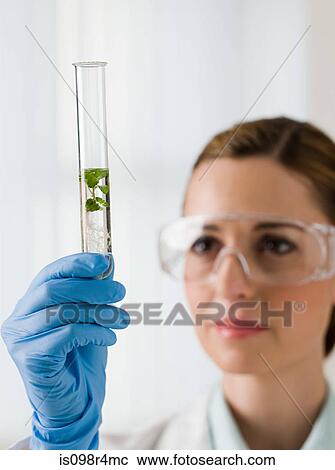 Stock Image - Female scientist holding a test tube. Fotosearch