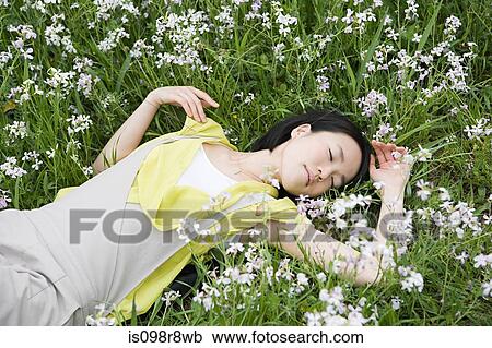 Stock Image - Young woman lying in field of flowers. Fotosearch