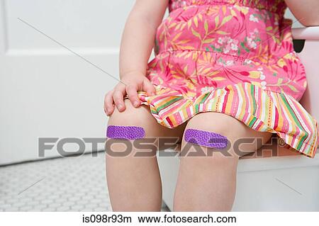 Girl with plasters on her knees View Large Photo Image Picture - Girl with plasters on her knees. Fotosearch