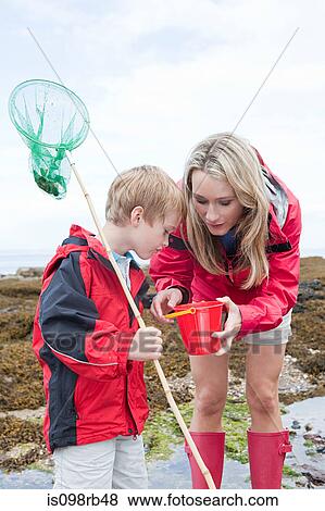 Mother and son looking in rock pool View Large Photo Image Stock Photo - Mother and son looking in rock pool. Fotosearch