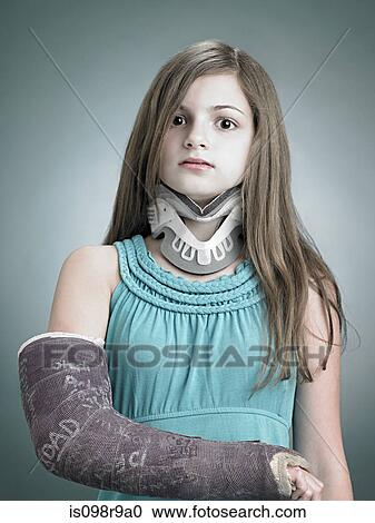 Girl with neck brace and arm in plaster View Large Photo Image Stock Image - Girl with neck brace and arm in plaster. Fotosearch