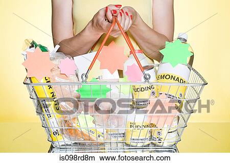 Picture - Woman with basic groceries in basket. Fotosearch