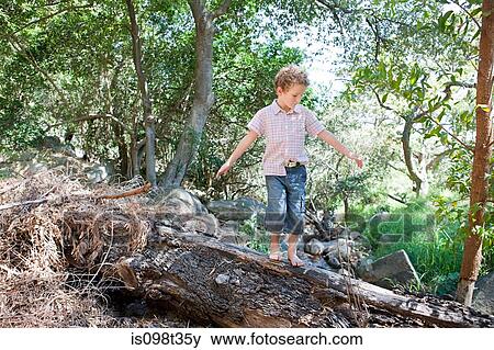 Boy walking on log View Large Photo Image Stock Photo - Boy walking on log. Fotosearch