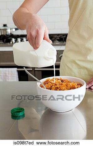 Stock Image - Woman pouring milk onto cereal. Fotosearch