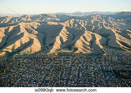 Stock Image - Aerial view of Blenheim and Kaikoura Range. Fotosearch