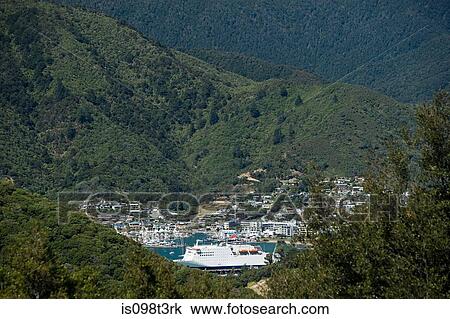 Queen Charlotte Sound, aerial view of Picton Harbour with ferry View Large Photo Image Stock Image - Queen Charlotte Sound, aerial view of Picton Harbour with ferry. Fotosearch