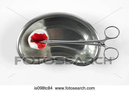 Blood on cotton swab and surgical scissors View Large Photo Image Picture - Blood on cotton swab and surgical scissors. Fotosearch