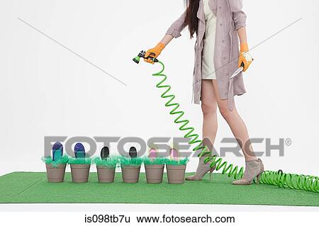 Woman with hosepipe and shoes in flower pots View Large Photo Image Stock Photograph - Woman with hosepipe and shoes in flower pots. Fotosearch