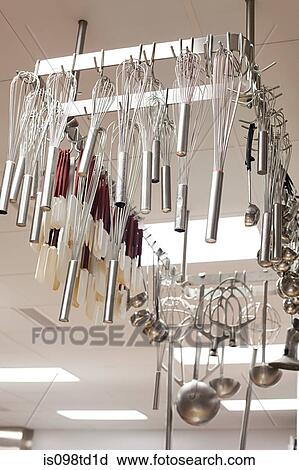 Kitchen utensils hanging, commercial kitchen View Large Photo Image Stock Image - Kitchen utensils hanging, commercial kitchen. Fotosearch