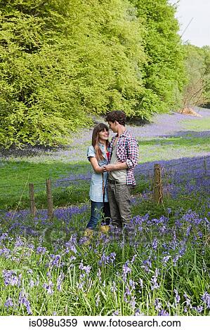 Young couple in a field of bluebells View Large Photo Image Stock Photo - Young couple in a field of bluebells. Fotosearch