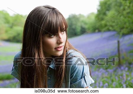 Young woman in field of bluebells View Large Photo Image Stock Image - Young woman in field of bluebells. Fotosearch