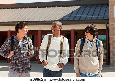 High school students outside school building View Large Photo Image Picture - High school students outside school building. Fotosearch