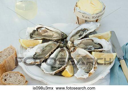 Oysters in shells with lemon View Large Photo Image Stock Photo - Oysters in shells with lemon. Fotosearch